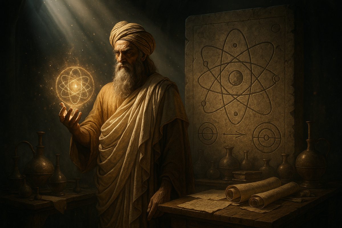 An ancient sage holding a glowing atomic symbol